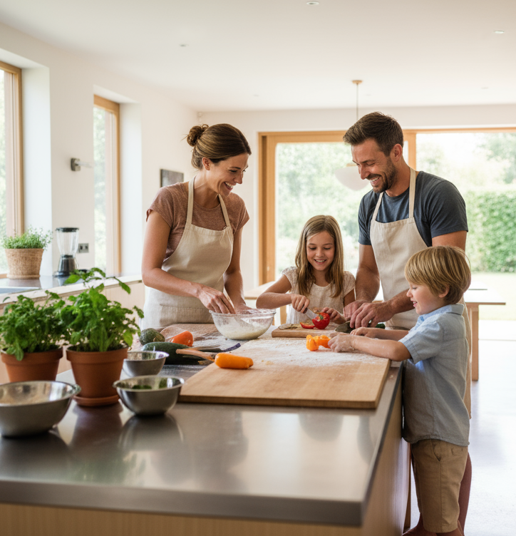 real photo of family cooking together